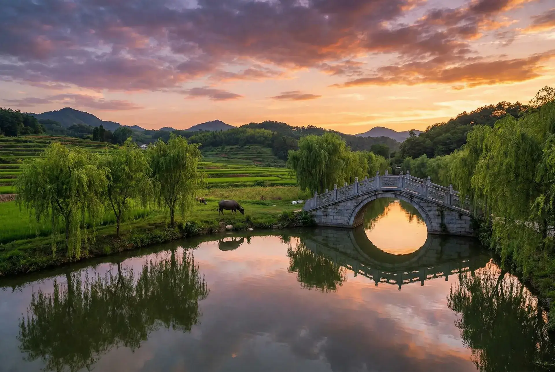 夕阳下的石拱桥与垂柳，水牛在河边吃草 - 流氓软件app下载大全免费不登录 乡村美景